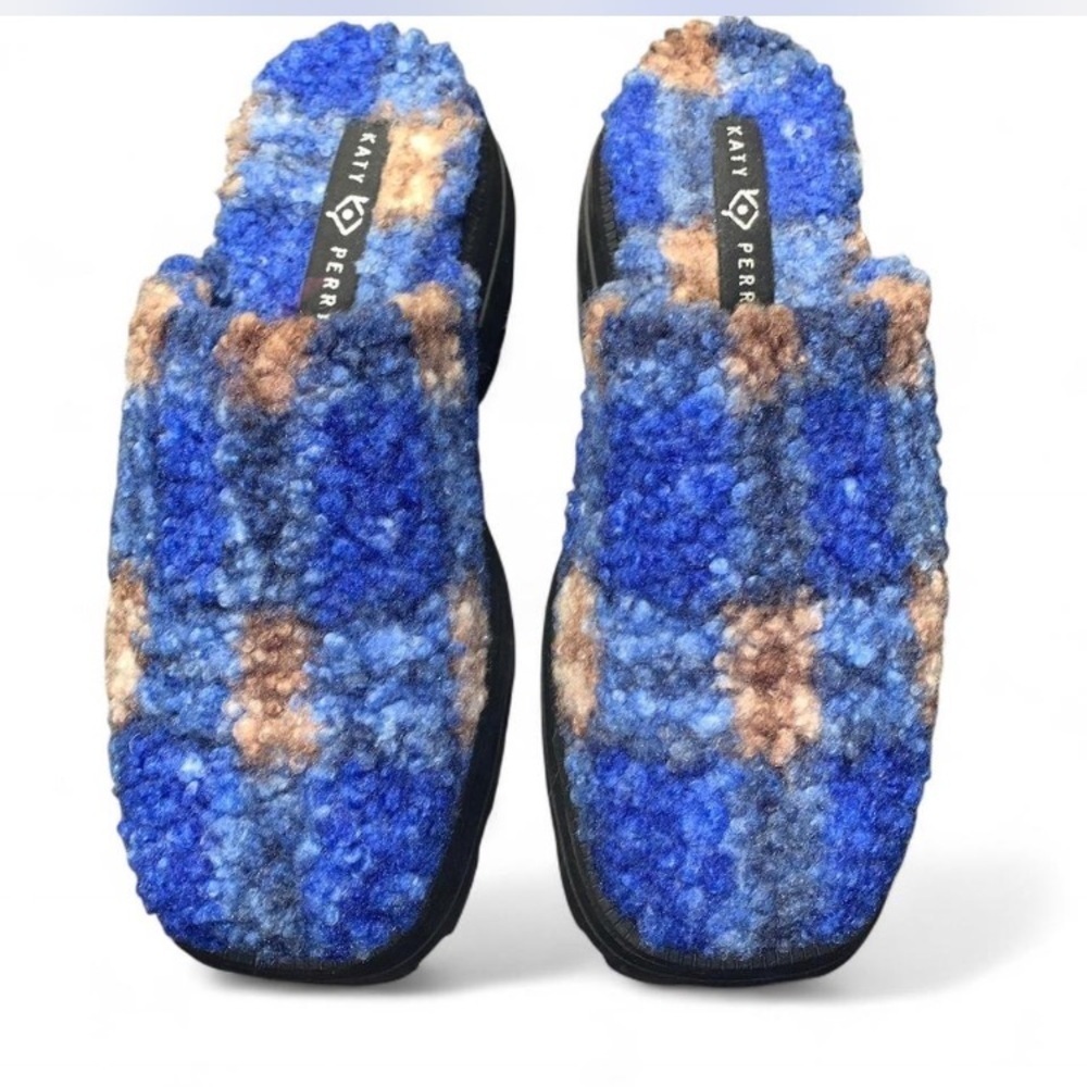 Katy Perry Blue tan Plaid geli combat platform lug mules size 10 Teddy fuzzy - Picture 1 of 4